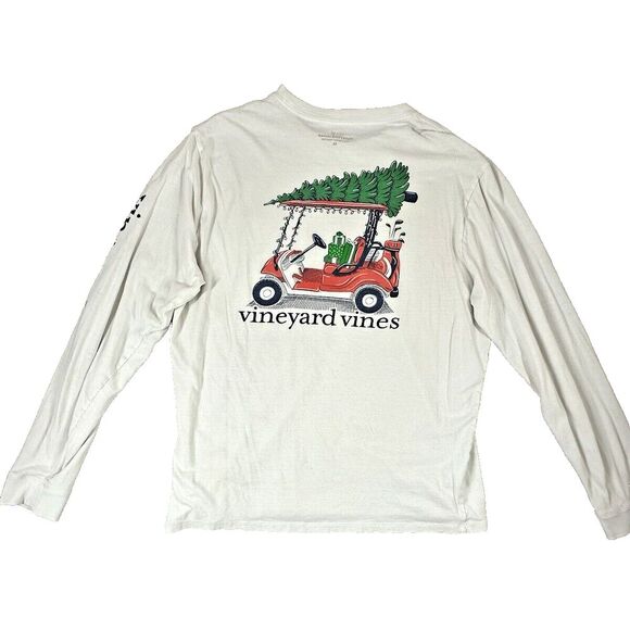 Vineyard Vines Shirt Mens M White Long Sleeve Christmas Golf Cart & Tree *READ - Picture 10 of 15